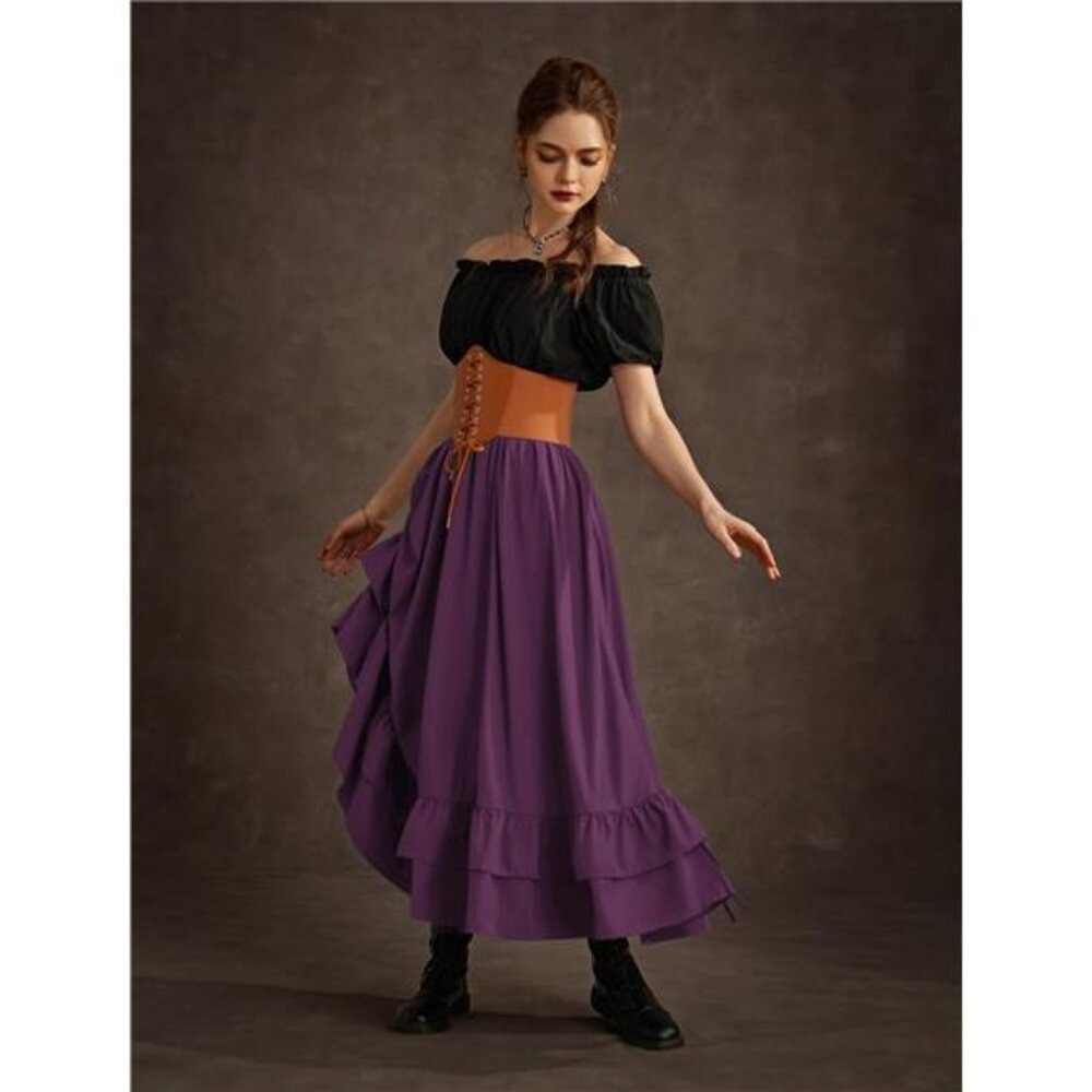 Women Renaissance Skirt Ruffle Layered Maxi Purple - Picture 5 of 6